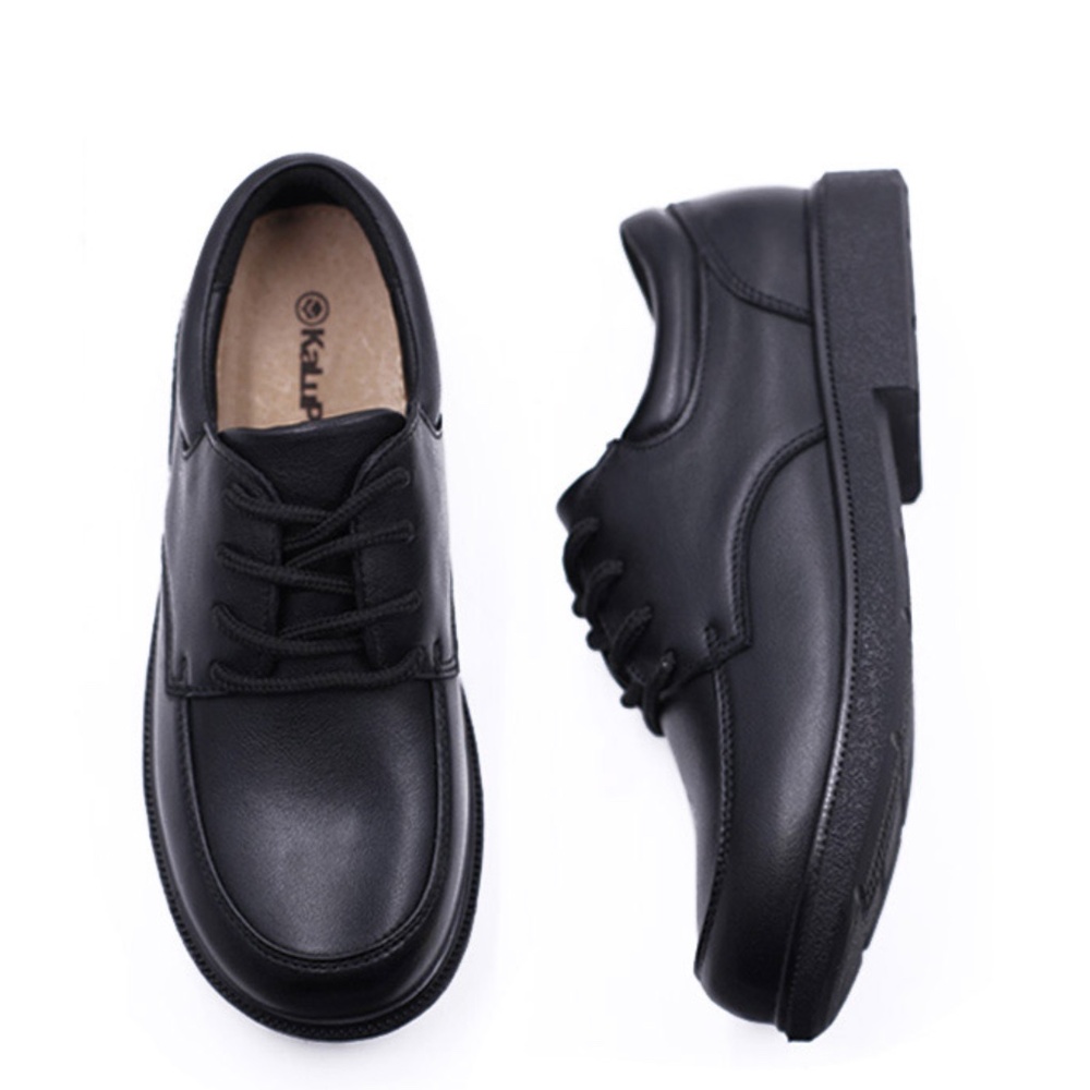 Boy Black Dress Shoe/Lace Up/Round Flat/Slip on/ Genuine Leather/Back to School - Picture 2 of 7
